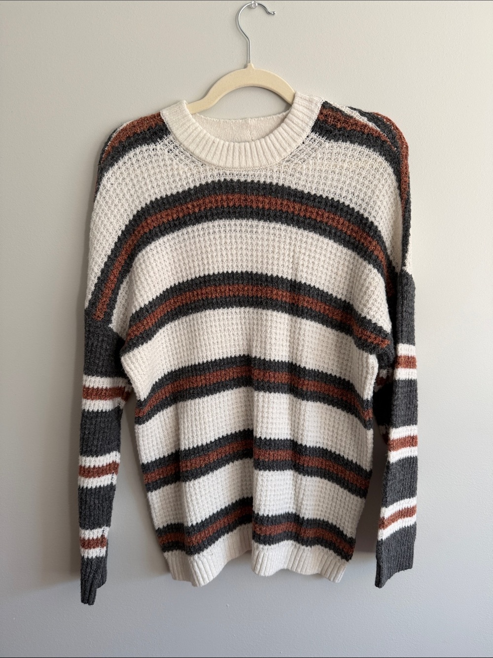 American Eagle Outfitters Cream, Charcoal & Brown Striped Crewneck Sweater